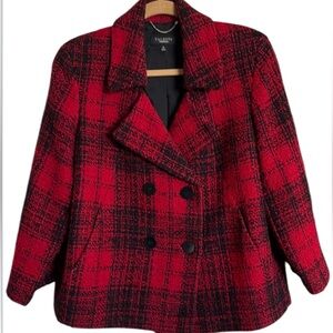 TALBOTS Womens Buffalo Plaid Red Back Jacket LS Officecore Double Breasted Sz 16